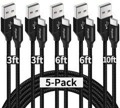 USB A to USB C Cable 5-Pack (3/3/6/6/10 ft) Fast Charging Type C Charger Cord