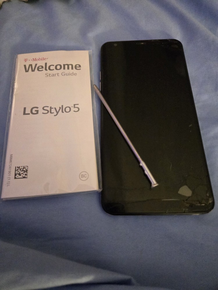 LG Stylo 5 Q720PS 32GB Gray Tmobile Cell Phone Turns On Parts Only Cracked READ