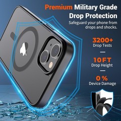 Translucent Matte Black Shockproof Case for iPhone 13/14, Compatible with MagSaf