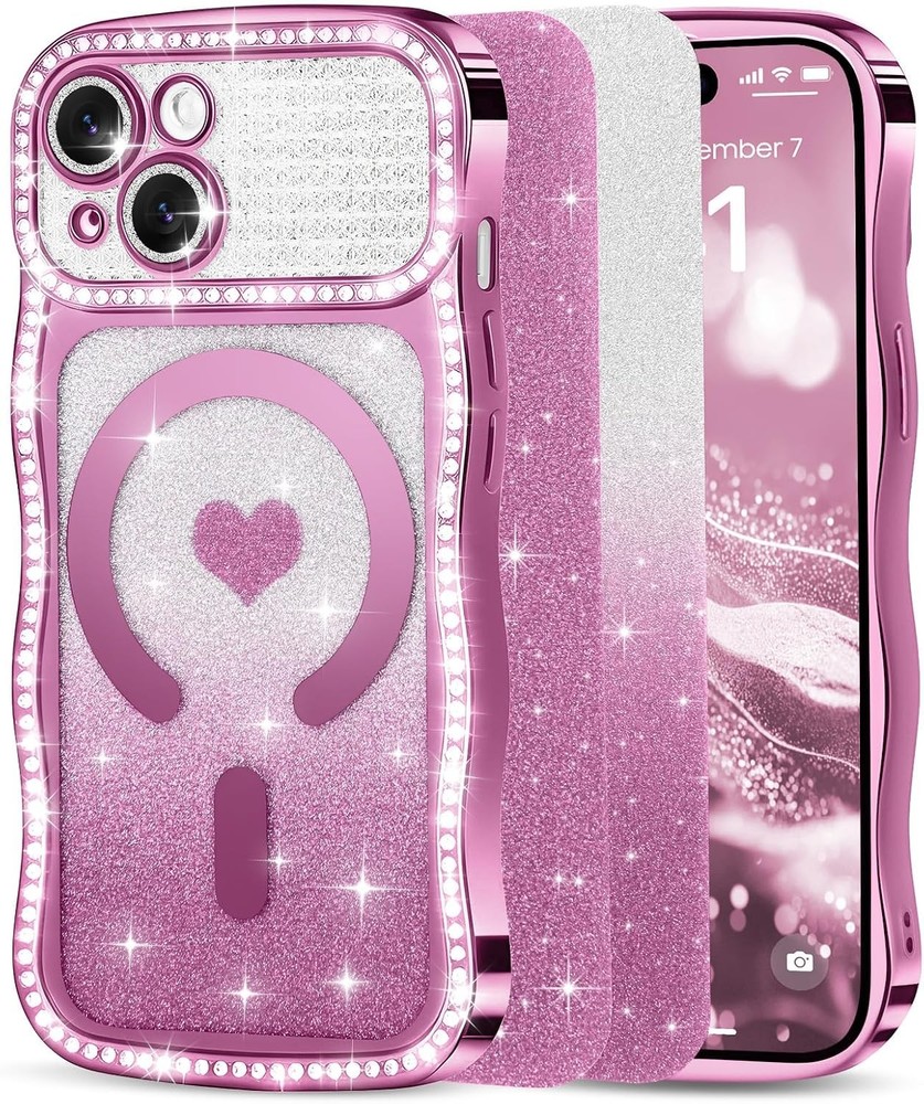 Pink Magnetic Case for iPhone 13/14, Cute Wavy Bumper, Bling Glitter Rhinestones