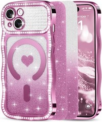 Pink Magnetic Case for iPhone 13/14, Cute Wavy Bumper, Bling Glitter Rhinestones