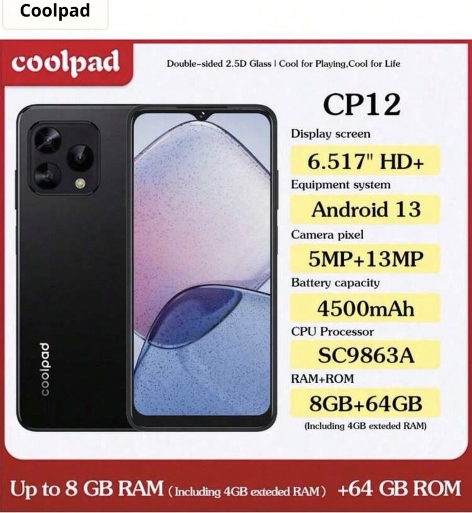 Coolpad CP12 Smartphone Black 8GB RAM 64GB Storage Capacity Android 13
