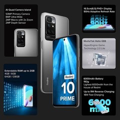 Redmi 10 Prime Black 128GB 6GB RAM Factory Unlocked Helio G88 GSM Smartphone