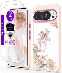 Pink Crystal Clear Flower Pattern Case for Google Pixel 10 Pro XL + Tempered Gla