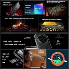 Smartphones HOTWAV T7S Robustes Mobiltelefon 6,52 in Andriod13 Handy NFC 6280mAh