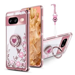 for Google Pixle 8 Case Rose Gold Glitter Crystal Butterfly Heart TPU w/Ring