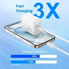 20W Type-C Fast Charging Adapter for iPhone 17/16 – 2 Pack with 6FT Cable