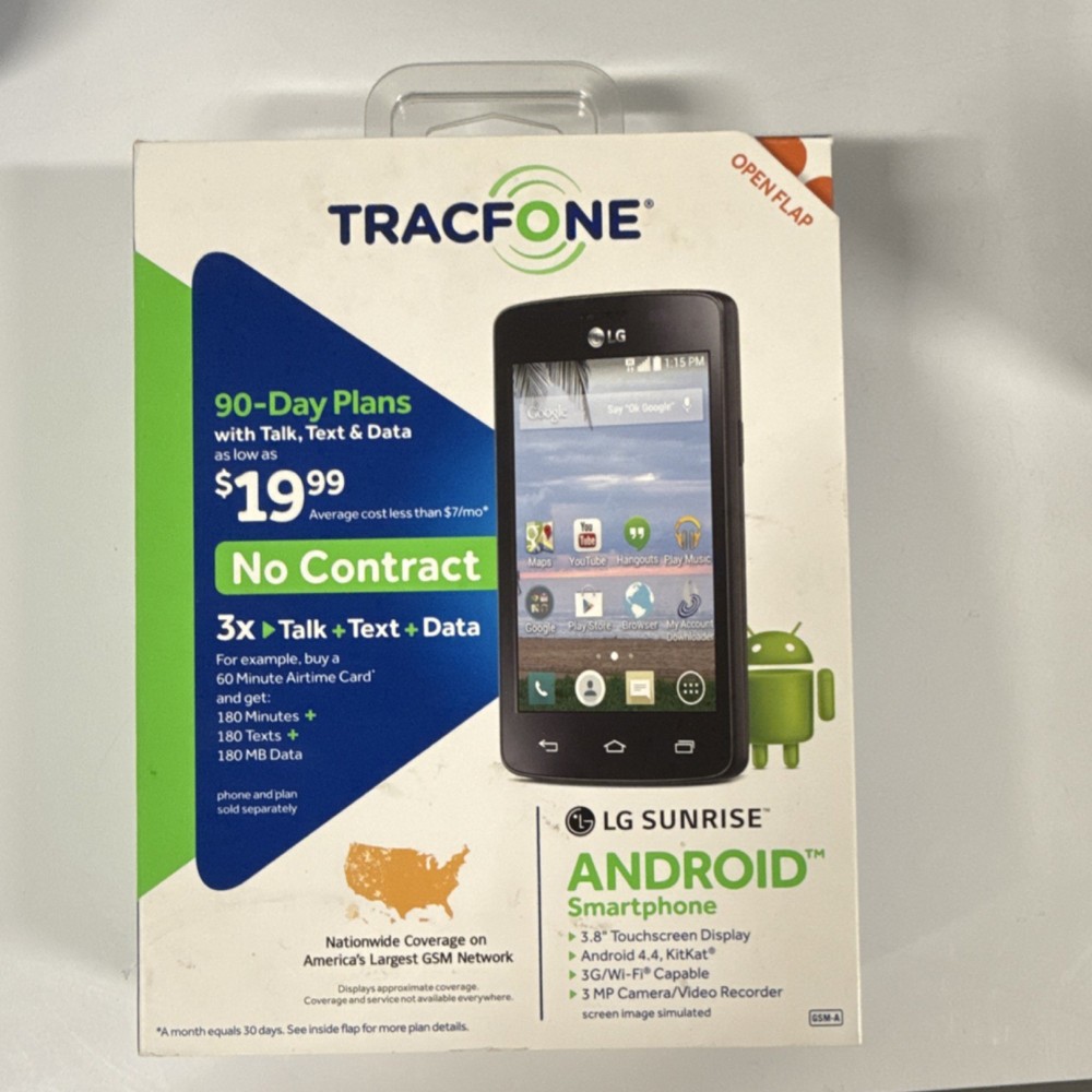 LG Sunrise L15G TracFone Android 4.4 Smartphone 3.8&Prime; 3MP Black 4GB