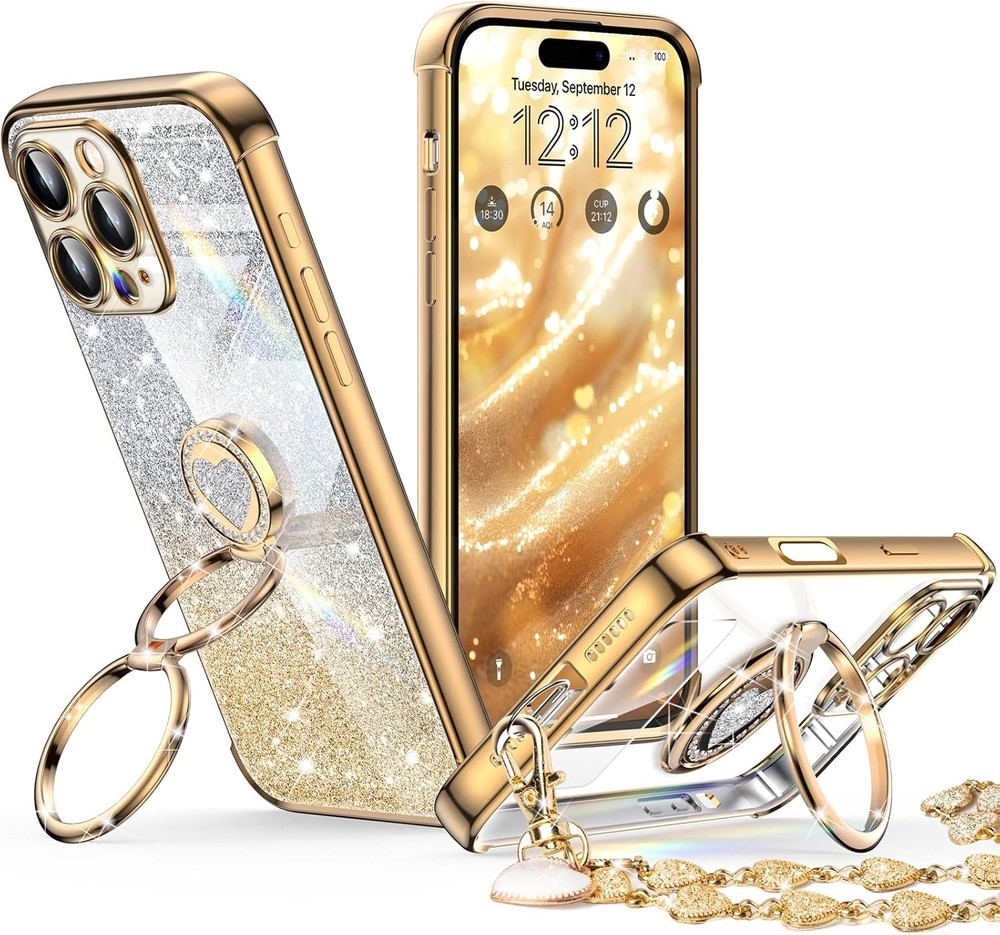 iPhone 16 Pro Max Case with Stand, Double Ring Kickstand, Cute Love-Heart Bling
