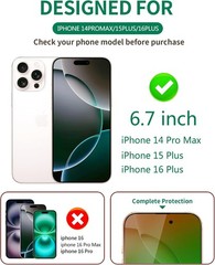 6.7 Inch Anti Spy Privacy Screen Protector for iPhone 14 Pro Max/15 Plus/16 Plus