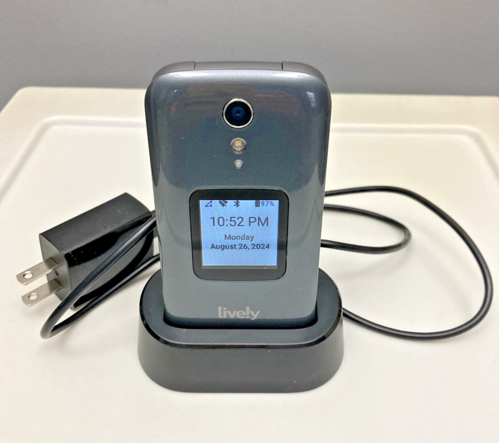 LIVELY Grey Flip 2 Cell Phone for Seniors w/ Charging Doc – Tested Working