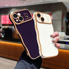 Cute Dark Purple iPhone 15 Plus Case for Girls, Curly Wave Frame with Heart Desi