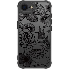 Cute Flower Phone Case for iPhone 16e, Black Line Art Floral Shockproof Cover