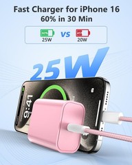 25W USB-C Fast Charger Wall Adapter for iPhone 17 16 15 Plus, 6FT Cable