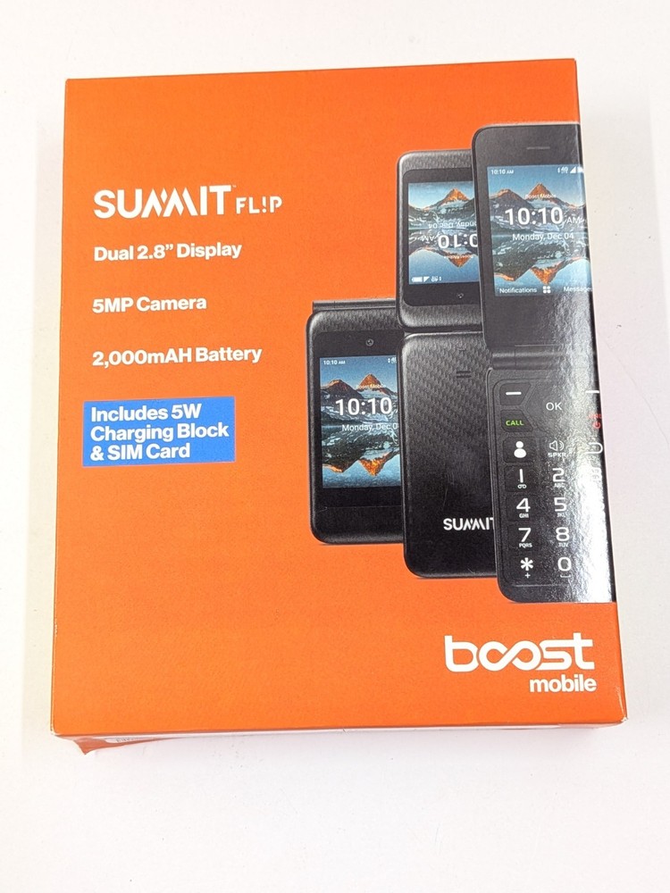 Boost Mobile Prepaid Summit Flip Phone, 8GB Black Sim-Included, New Sealed