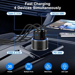 4-Port Fast Charger Adapter for iPhone 15 Pro Max, Galaxy S25, 6ft USB C Cable