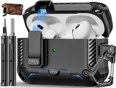 Black Case for AirPods Pro 1st/2nd with Phone Stand, Snap Switch Lock, Cleaner K