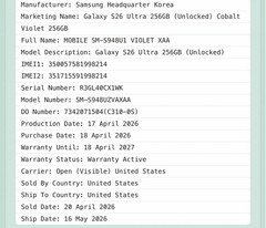 Samsung Galaxy S26 Ultra 256GB Unlocked Cobalt Violet READ DESCRIPTION B10