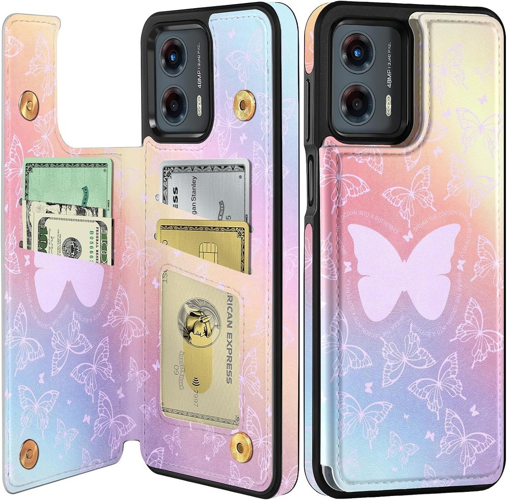 Moto G 5G 2023 Wallet Case with Card Holder, Designer Blue Butterflies Pattern