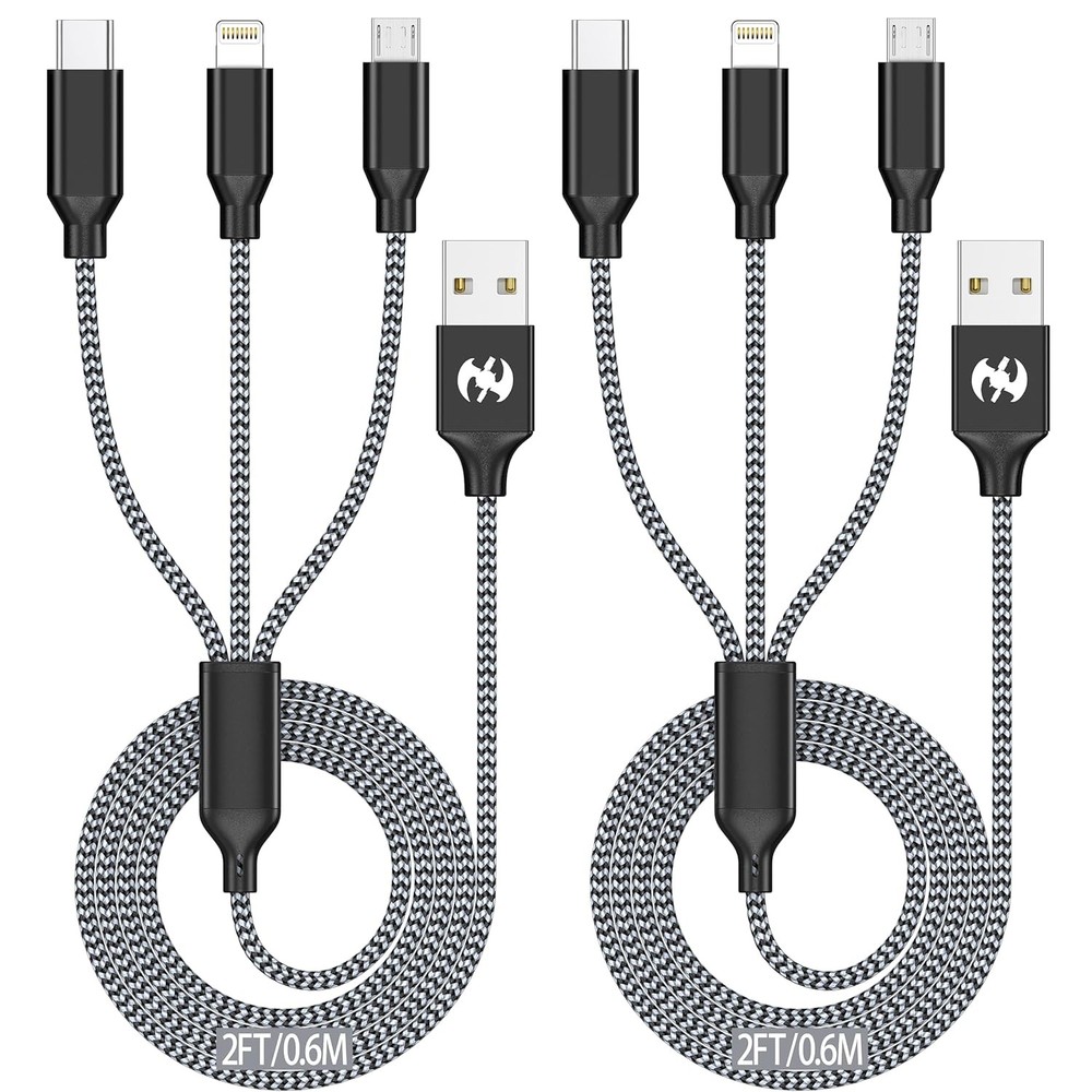 Multi Charging Cable 2ft 2Pack 3 in 1 Charger Cord Short Nylon Braided USB Cable