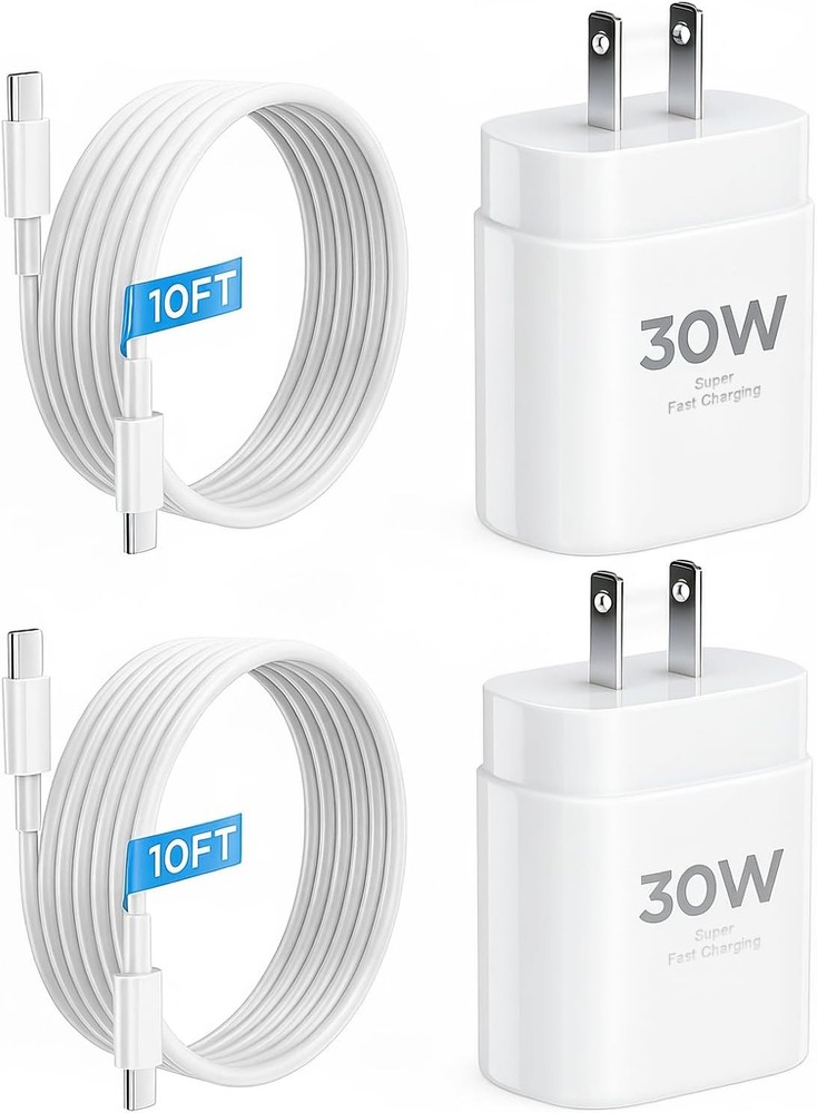 10FT 30W Fast Charging USB-C Adapter for iPhone 15 16 17, 2 Pack Cable