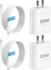 10FT 30W Fast Charging USB-C Adapter for iPhone 15 16 17, 2 Pack Cable