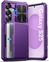 Dark Purple Case for Samsung Galaxy S25, Slide Camera Cover & Card Holder Built-