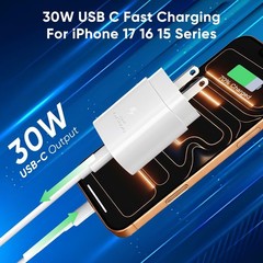 10FT 30W Fast Charging USB-C Adapter for iPhone 15 16 17, 2 Pack Cable