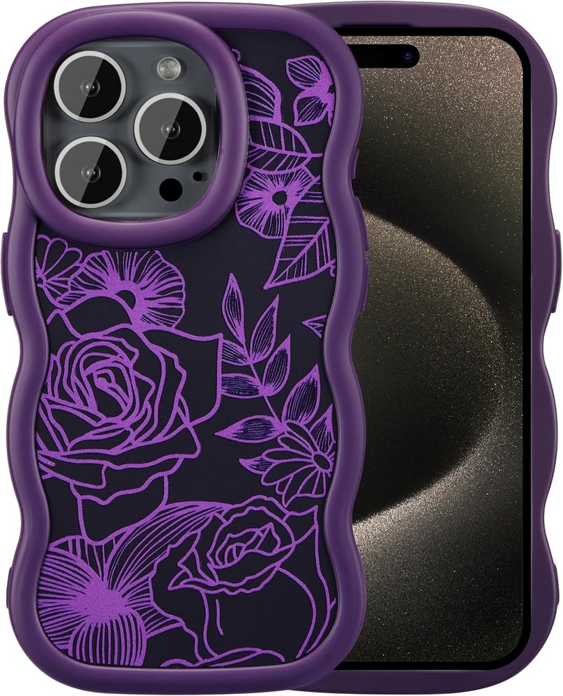 iPhone 15 Pro Max Case, Cute Wavy Floral Flower Rose Aesthetic, Matte Purple Bum