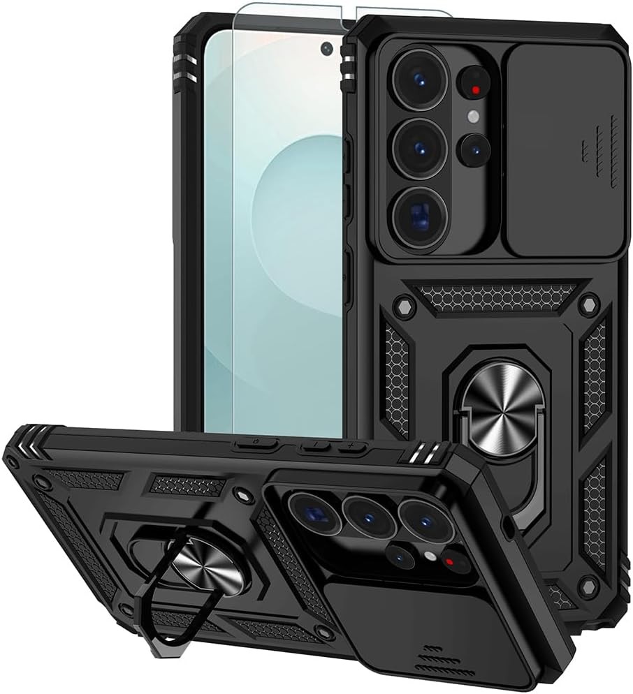 Samsung Galaxy S26 Ultra Case, Rubber Bumper Hard Plastic with Kickstand Ring Bl
