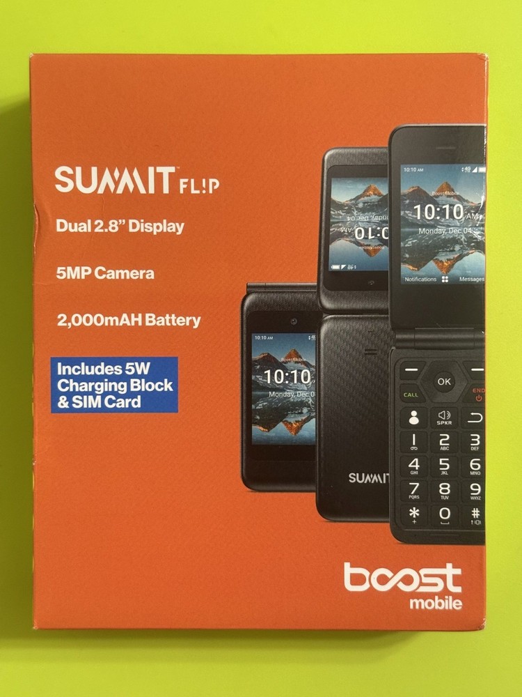 Boost Mobile Prepaid Summit Flip Phone, 8GB Black Sim-Included, New Sealed