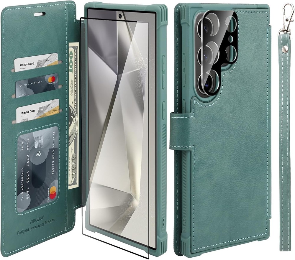 Wallet Case & Screen Protector & Camera Lens Protector for Galaxy S24 Ultra with