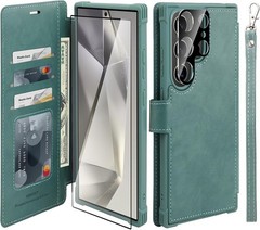 Wallet Case & Screen Protector & Camera Lens Protector for Galaxy S24 Ultra with