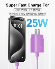 2 Pack 25W USB-C Fast Charger Block for Galaxy S25/iPhone 15 10FT & 6FT
