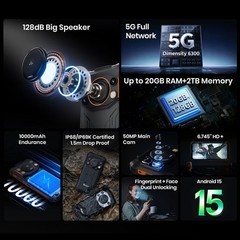 Unlocked FOSSiBOT F110 PRO 5G 4G Rugged Phone Android 15 Bid Speaker Waterproof