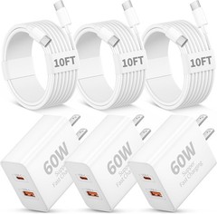 3 Pack 60W Dual Port USB-C Fast Charger Wall Charger for iPhone 17/16/15 10FT