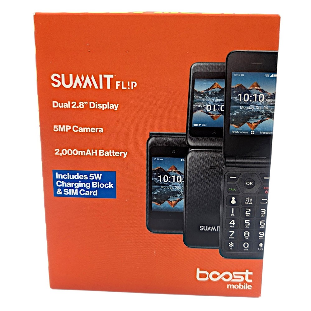 Boost Mobile Prepaid Summit Flip Phone Black 8GB 5MP 2.8” New – Locked to Boost