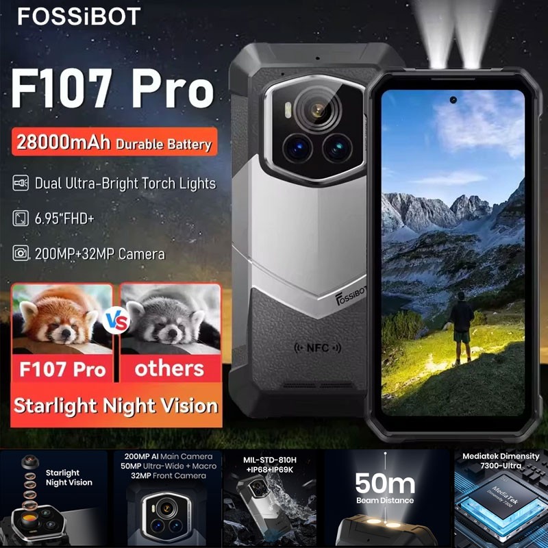 FOSSiBOT F107 PRO 5G Rugged Phone Android 15 Starlight Night Vision 28000mAh NFC