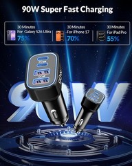 90W 4-Port USB-C Super Fast Car Charger for Samsung Galaxy S26/S25 + 3FT Cable