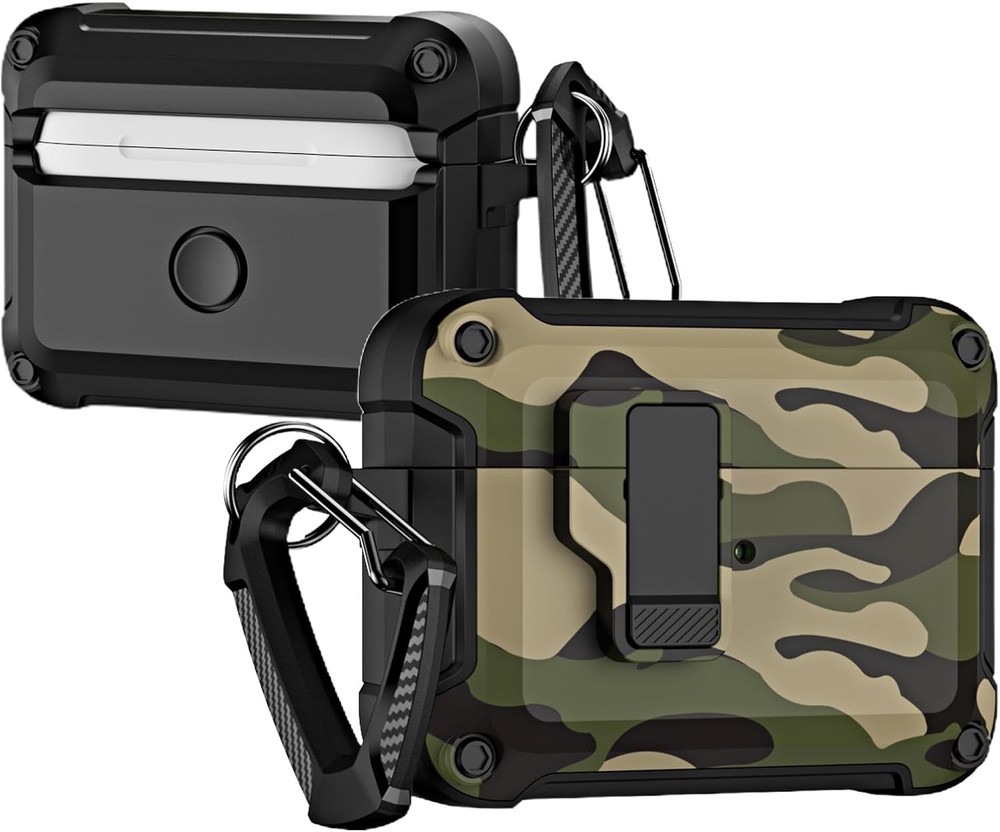 Military Hard Shell Protective Cover for AirPods Pro 2nd Gen with Lock, Camo Gre