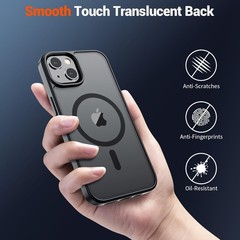 Shockproof Translucent Matte Black Case for iPhone 13/14, MagSafe Compatible