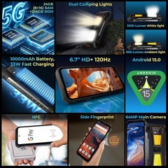 OUKITEL WP58 Pro 5G Rugged Smartphone 1000LM Camping Light 24GB+256GB Android 15