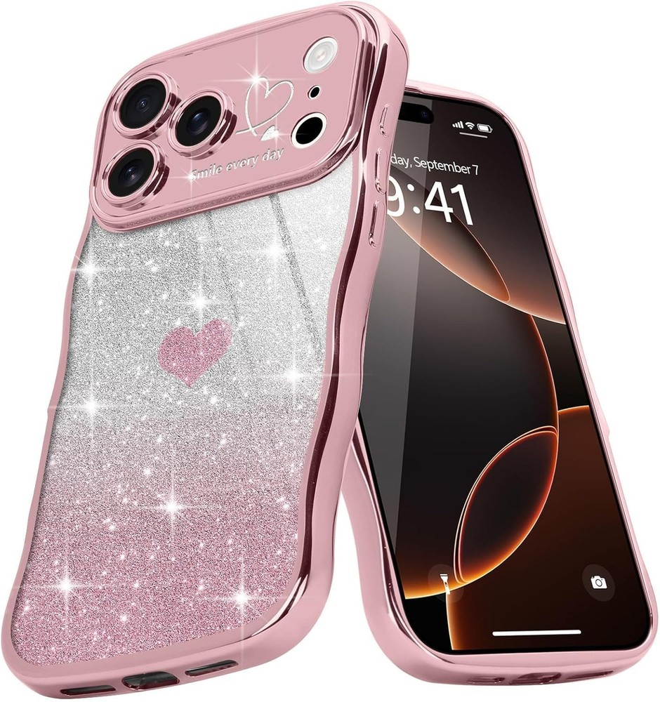 iPhone 17 Pro Case for Women Girls Cute Curly Wavy Love Heart Glitter Bling