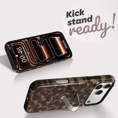 iPhone 17 Pro Max Case with Finger Strap Kickstand, Stylish Amber Leopard Cover