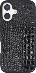 iPhone 16 Pro Max Case for Women, Crocodile Synthetic Patent Leather Cover, Blac
