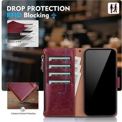 Wallet Case for Samsung Galaxy S24 Ultra 5G, RFID Blocking, Zipper, Wine Red