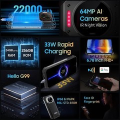 Rugged Phone Oukitel WP19 Pro Helio G99 22000mAh 8GB+256GB 64MP Camera 120Hz 33W