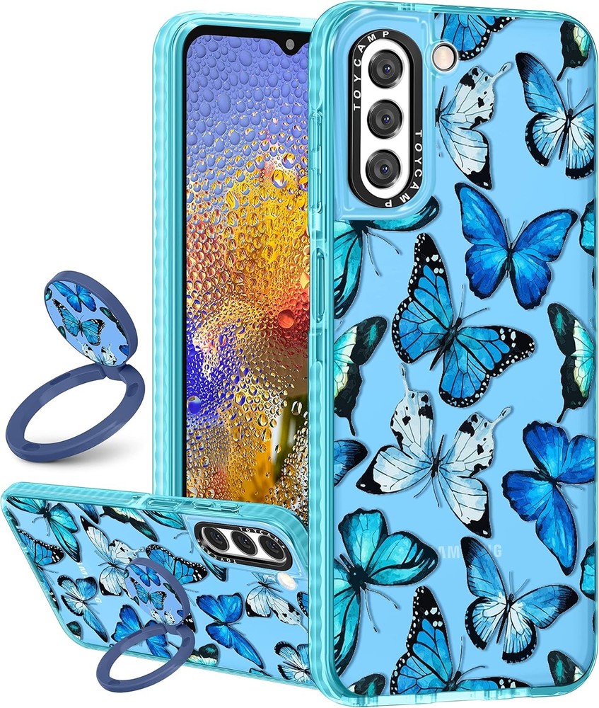 Cute Blue Butterfly Print Case for Samsung Galaxy S22, Girly Design with Ring Ki