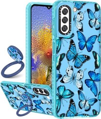 Cute Blue Butterfly Print Case for Samsung Galaxy S22, Girly Design with Ring Ki