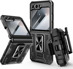 Galaxy Z Flip 6 Case, 360° Rotatable Ring Kickstand & Belt Clip Holster – Black